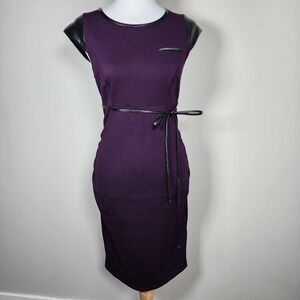 Jules & Jim Bodycon Dress‎ Womens Small Plum Pleather Belt Sheath Dark Academia